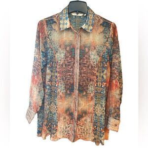 Soft Surroundings Sz XS Sheer Fall Color Orange Piping Detail Button Down Shirt